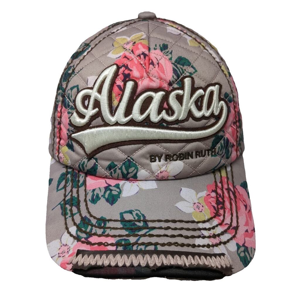 Robin Ruth 5 Panel Hat Gray Pink Floral Alaska Quilted Distressed One Size